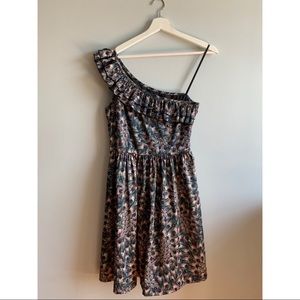 KENSIE Peacock Print One-Shoulder Ruffle Dress